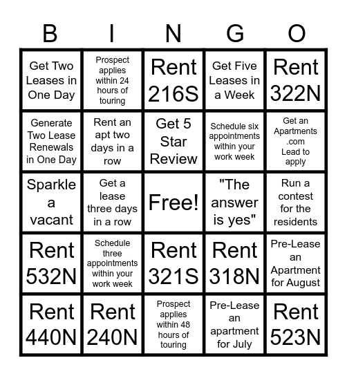 Current Leasing Bingo Card