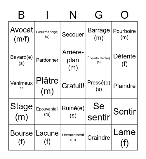 Vocabulaire - printemps Bingo Card