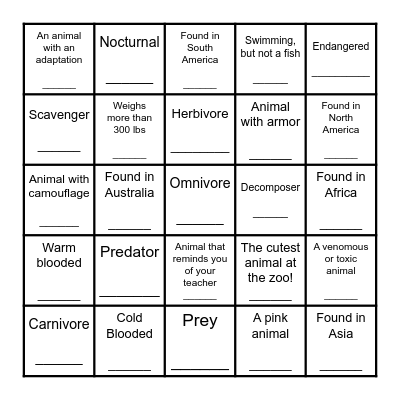 Oregon Zoo Bingo! Bingo Card