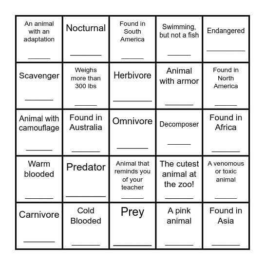 Oregon Zoo Bingo! Bingo Card