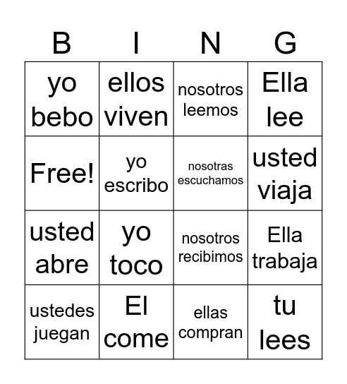Present Tense Verb Conjugations Bingo Card