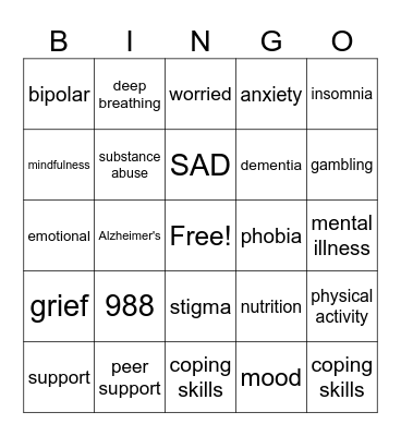 Mental Health Bingo Card