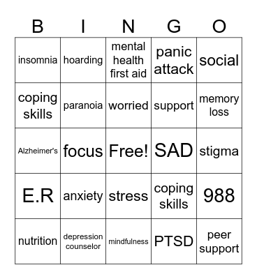 Mental Health Bingo Card