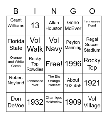 UTK Athletics Bingo Card