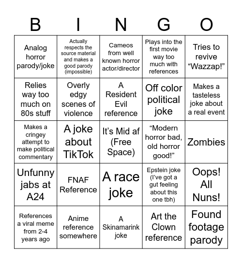 Scary Movie Reboot Bingo Card