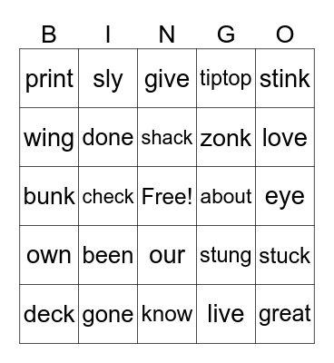 red words -ck, -ank, -unk, -onk Bingo Card