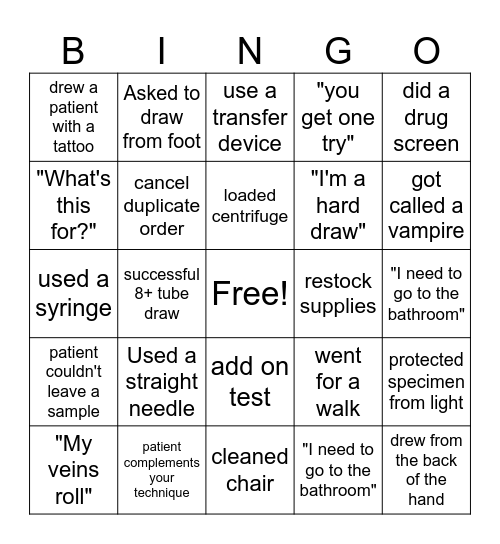 Lab Week Bingo - Phlebotomy Edition Bingo Card
