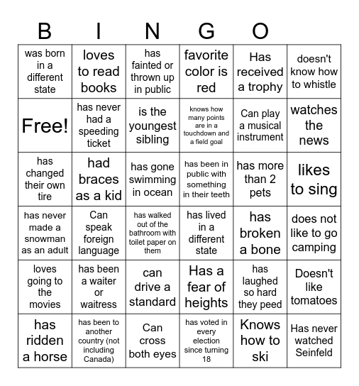 Get to know you! Bingo Card