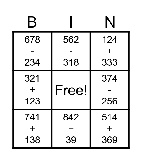 Math Bingo Card