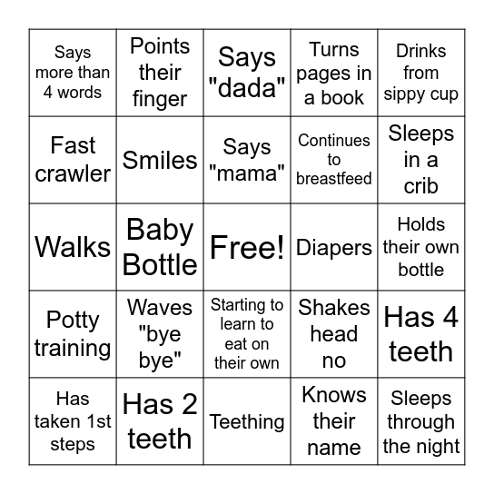 Baby Milestone Bingo Card