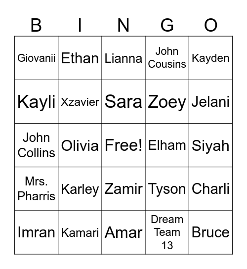 Dream Team 13 Bingo Card