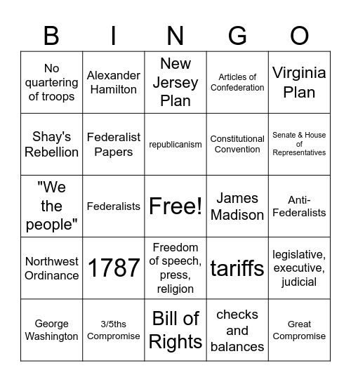 U. S. Constitution Bingo Card