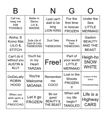 DISNEY SONG BINGO, 4.24.24 Bingo Card