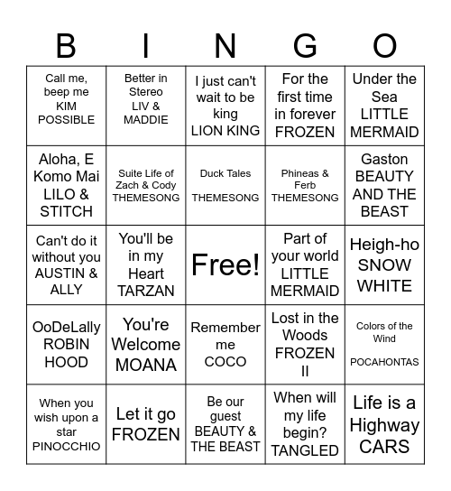 DISNEY SONG BINGO, 4.24.24 Bingo Card