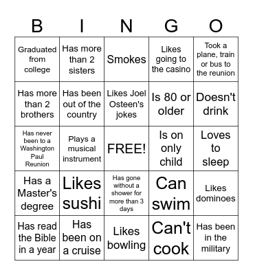 Family Reunion Icebreaker Bingo Card