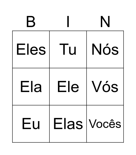 Pronomes pessoais do caso reto Bingo Card