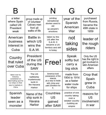 Spanish American War Bingo Card