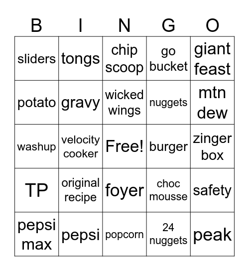 KFC BINGO Card