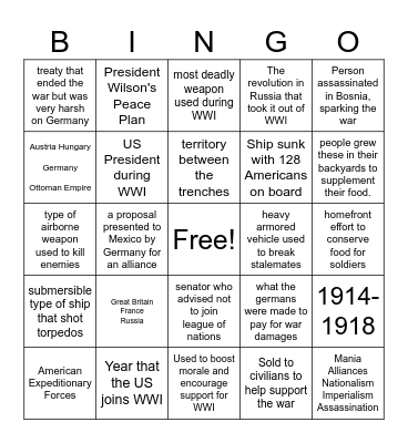 World War I Bingo Card