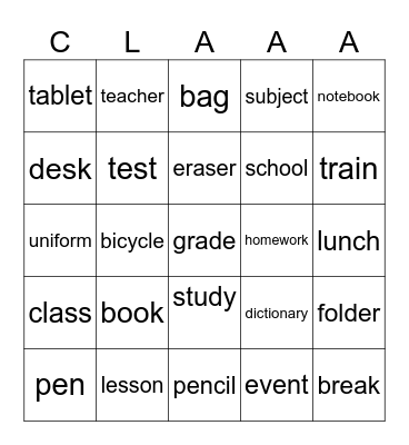 School Bingo Card