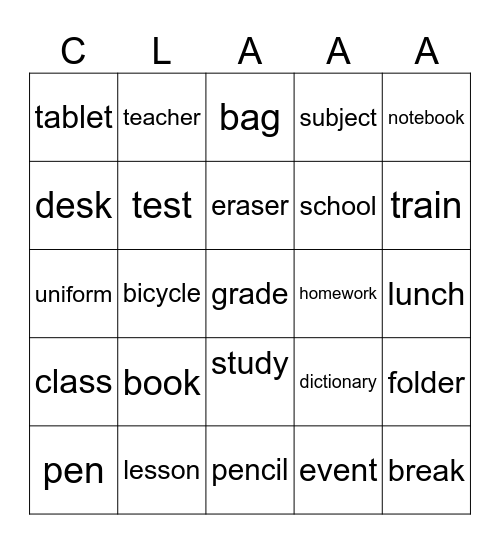 School Bingo Card