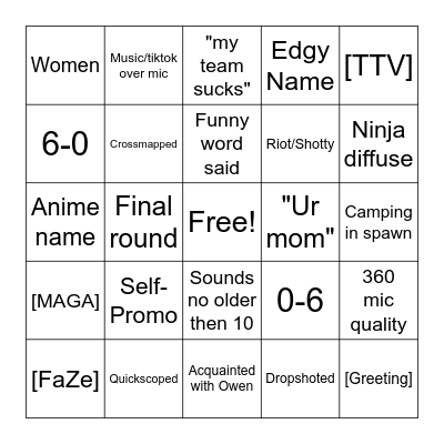 COD SnD bingo Card