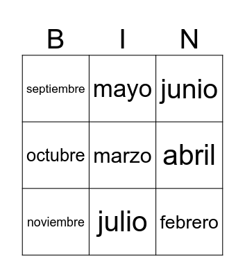 Los meses en Español Bingo Card