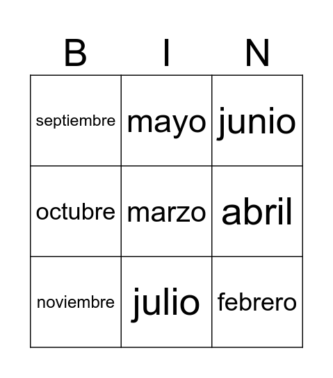 Los meses en Español Bingo Card