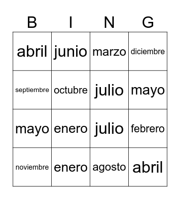 Los meses en Español Bingo Card