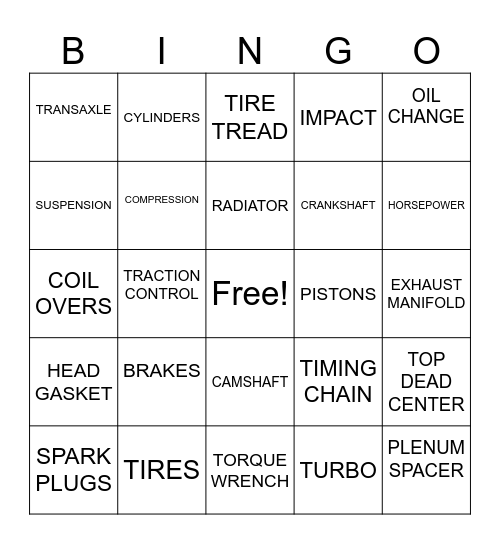 Automotive Bingo Card