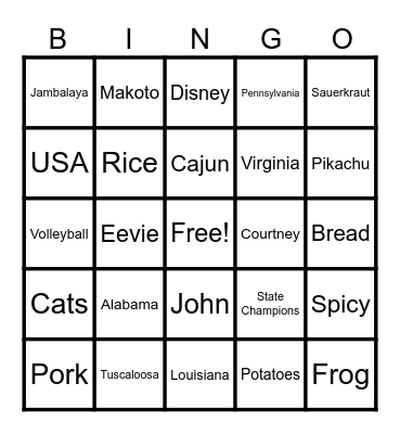 Ms Megan Bingo Card