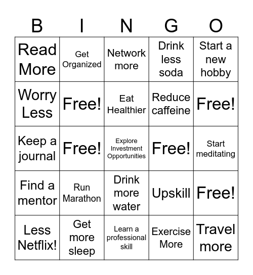 New Year's Resolution BINGO Card