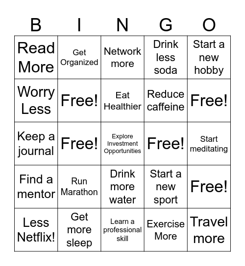 New Year's Resolution BINGO Card