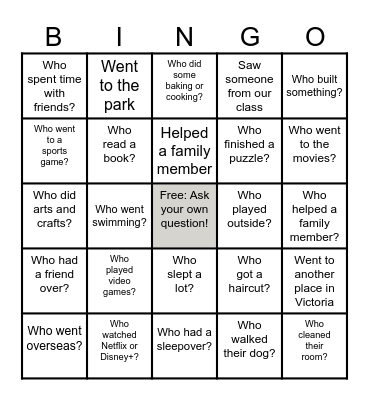 School Holiday Bingo Card
