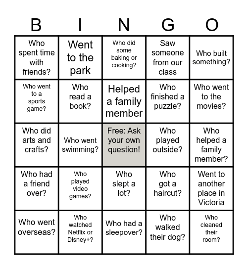 School Holiday Bingo Card