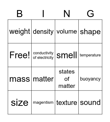 Physical Properties of Matter Bingo Card