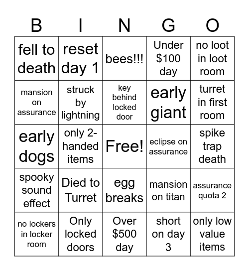 Lethal Company 10q Bingo Card