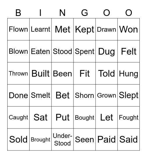 Irregular Past Participle Bingo Card