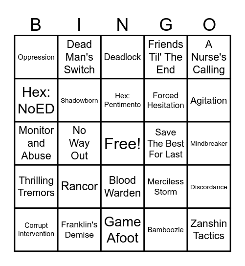 Perk Finder 1.0 Bingo Card