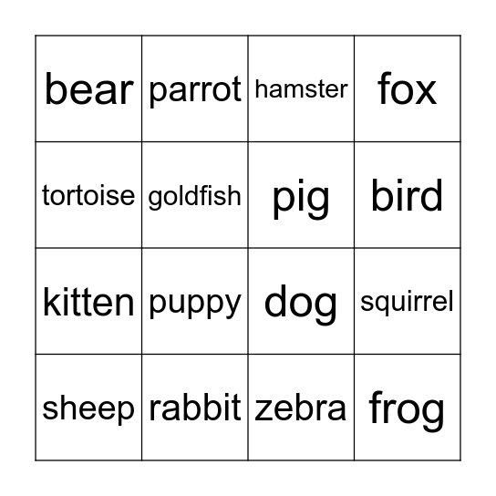 Pets & Animals Bingo Card