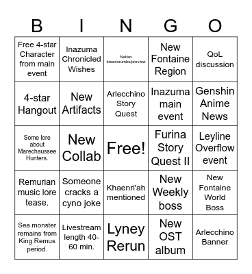 Genshin v4.6 Livestream Bingo Card
