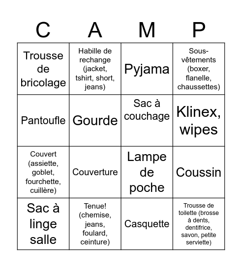 What’s in my camp bag? Bingo Card