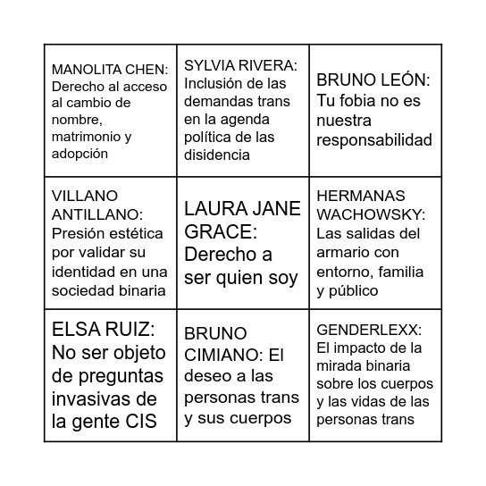 Referentes y luchas Traans* Bingo Card