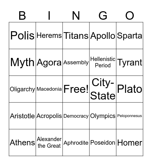 Greece Bingo Card