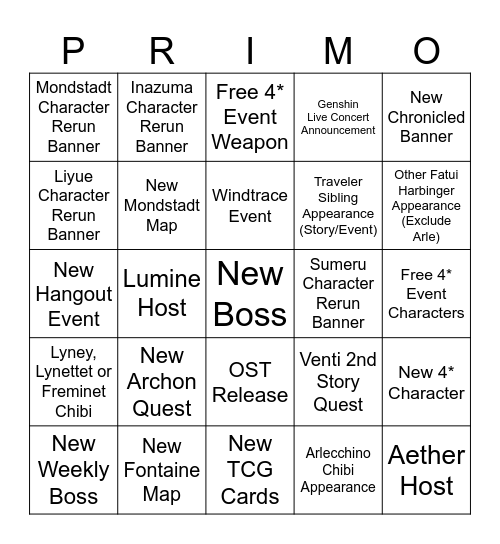 Genshin Impact 4.6 Special Program Bingo Card Bingo Card