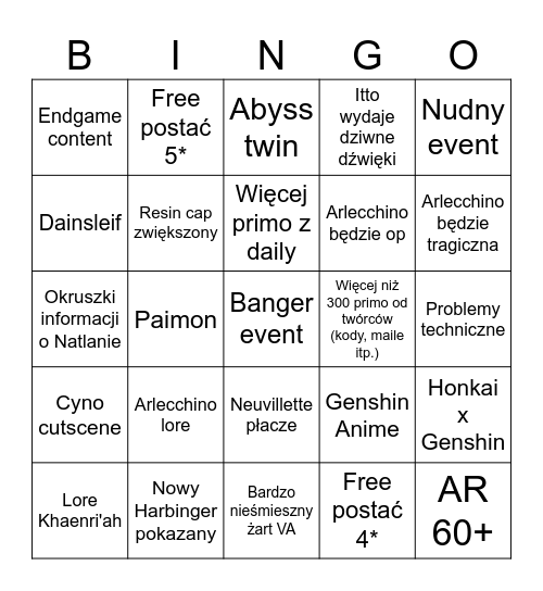 Genshin 4.6 Bingo Card