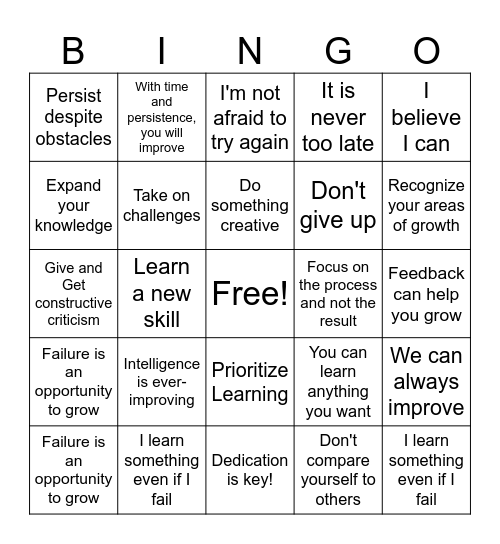 Growth Mindset Bingo Card