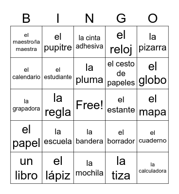 Classroom Objects Bingo Card