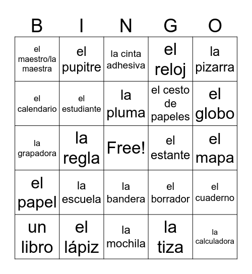 Classroom Objects Bingo Card