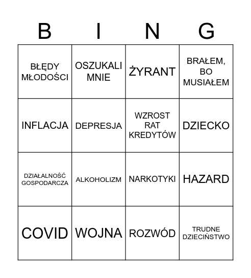 BINGO UPADŁYCH Bingo Card